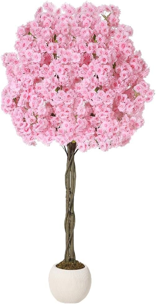 Homhougo - Pink Silk Cherry Blossom Tree 6FT, Realistic Artificial Flowering Tree with Planter for Home Office Decor - Green