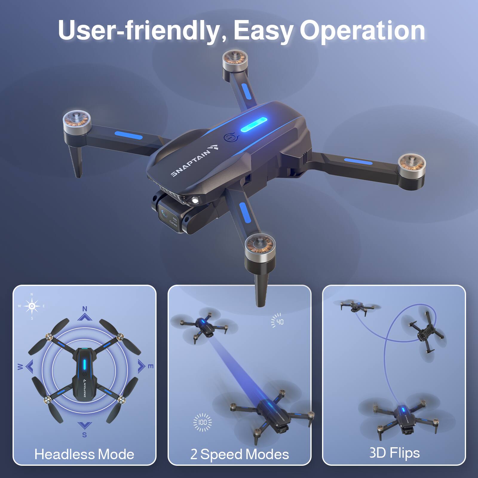 User-friendly, Easy Operation

- Headless Mode
- 2 Speed Modes
- 3D Flips