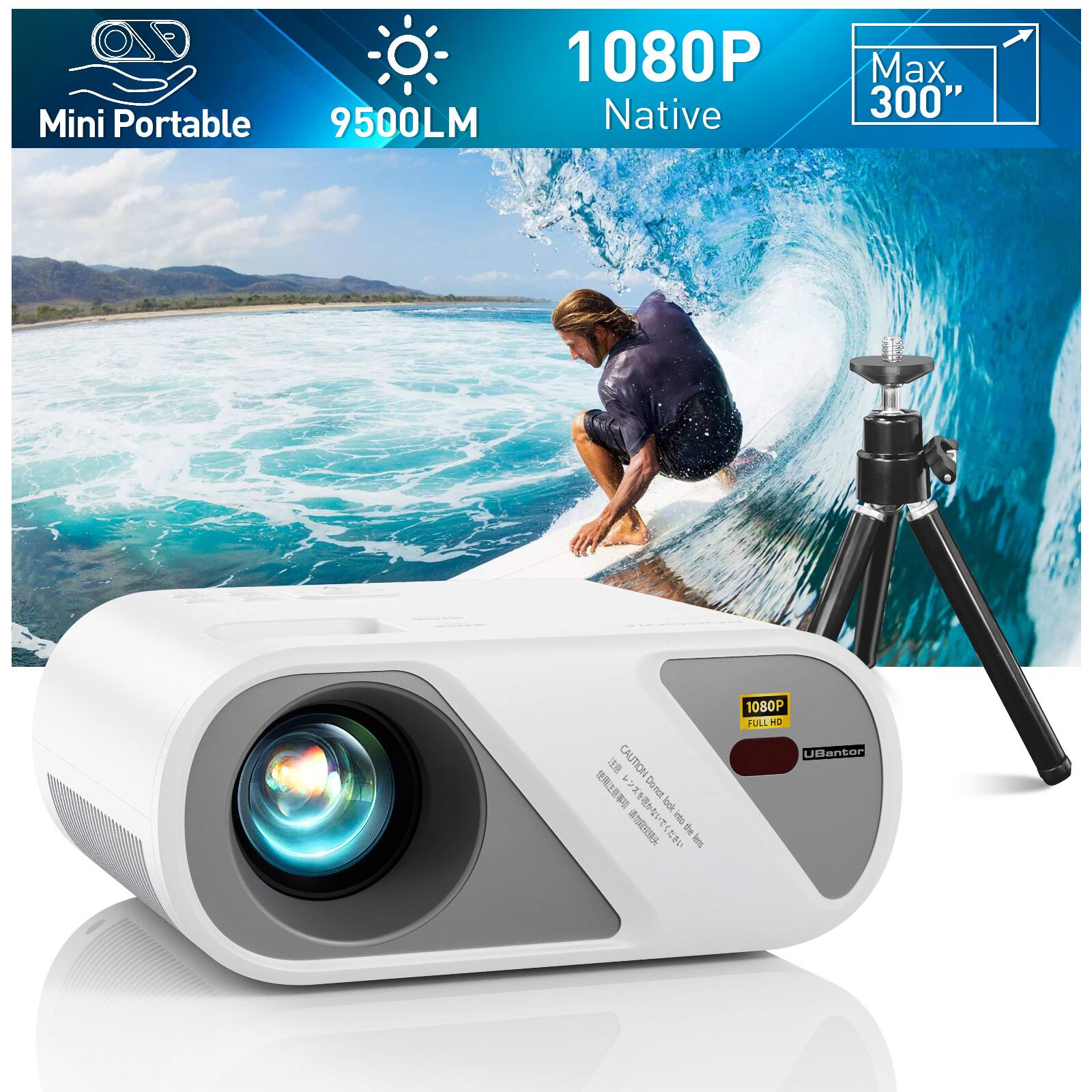 1080P Mini Portable 9500LM Native Max 300"  
CAUTION Don't CALTION + Don't GX fock  
a 2 I 1080P FULL HD Utenton