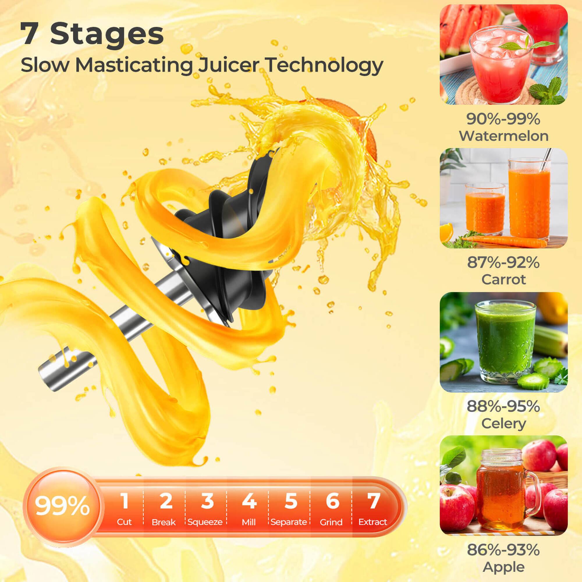 7 Stages  
Slow Masticating Juicer Technology  

90%-99% Watermelon  
87%-92% Carrot  
88%-95% Celery  
86%-93% Apple  

1 Cut  
2 Break  
3 Squeeze  
4 Mill  
5 Separate  
6 Grind  
7 Extract  

99%