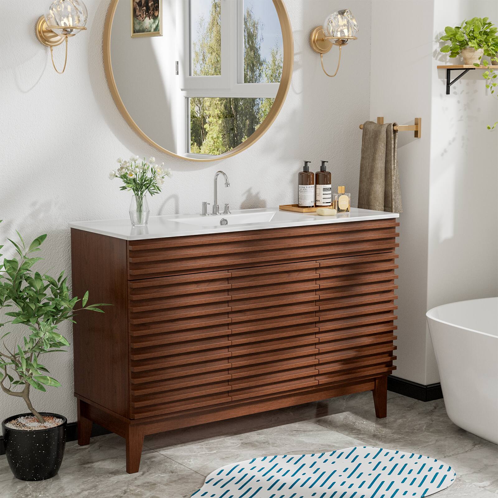 Front. LOVMOR - LOVMOR 48-in W Walnut Freestanding Bathroom Vanity with Undermount Ceramic Sink and 2-Level Storage - Walnut.