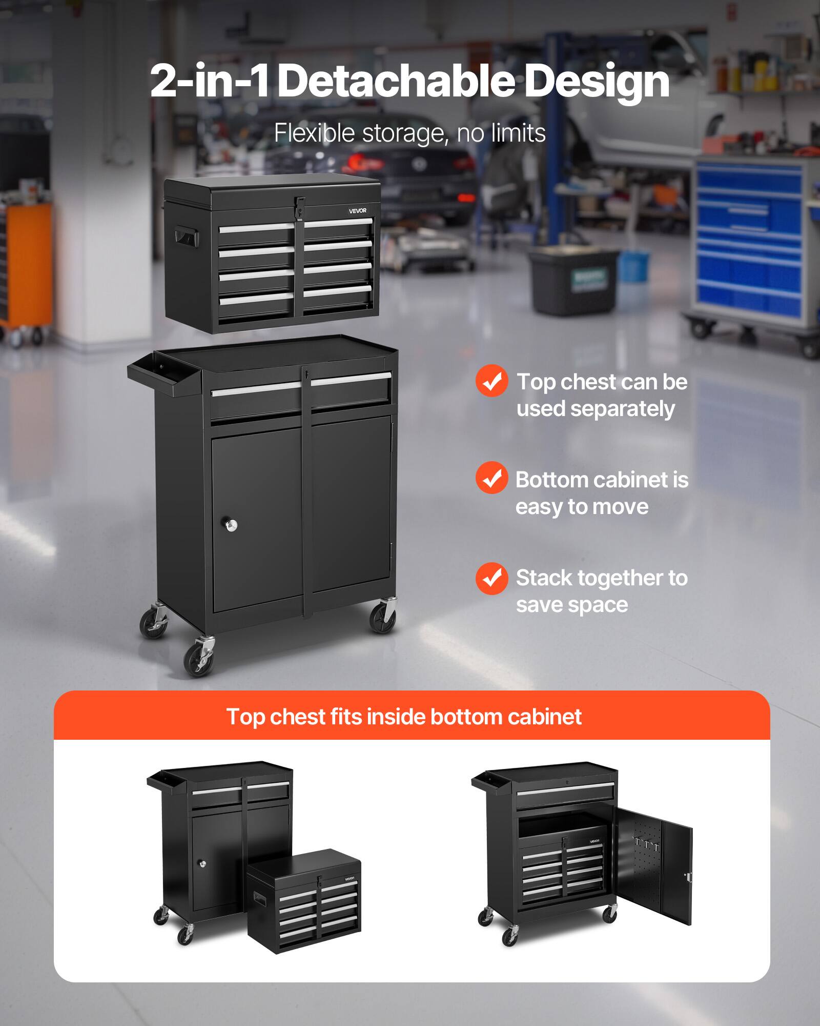 2-in-1 Detachable Design  
Flexible storage, no limits  

- Top chest can be used separately  
- Bottom cabinet is easy to move  
- Stack together to save space  

Top chest fits inside bottom cabinet