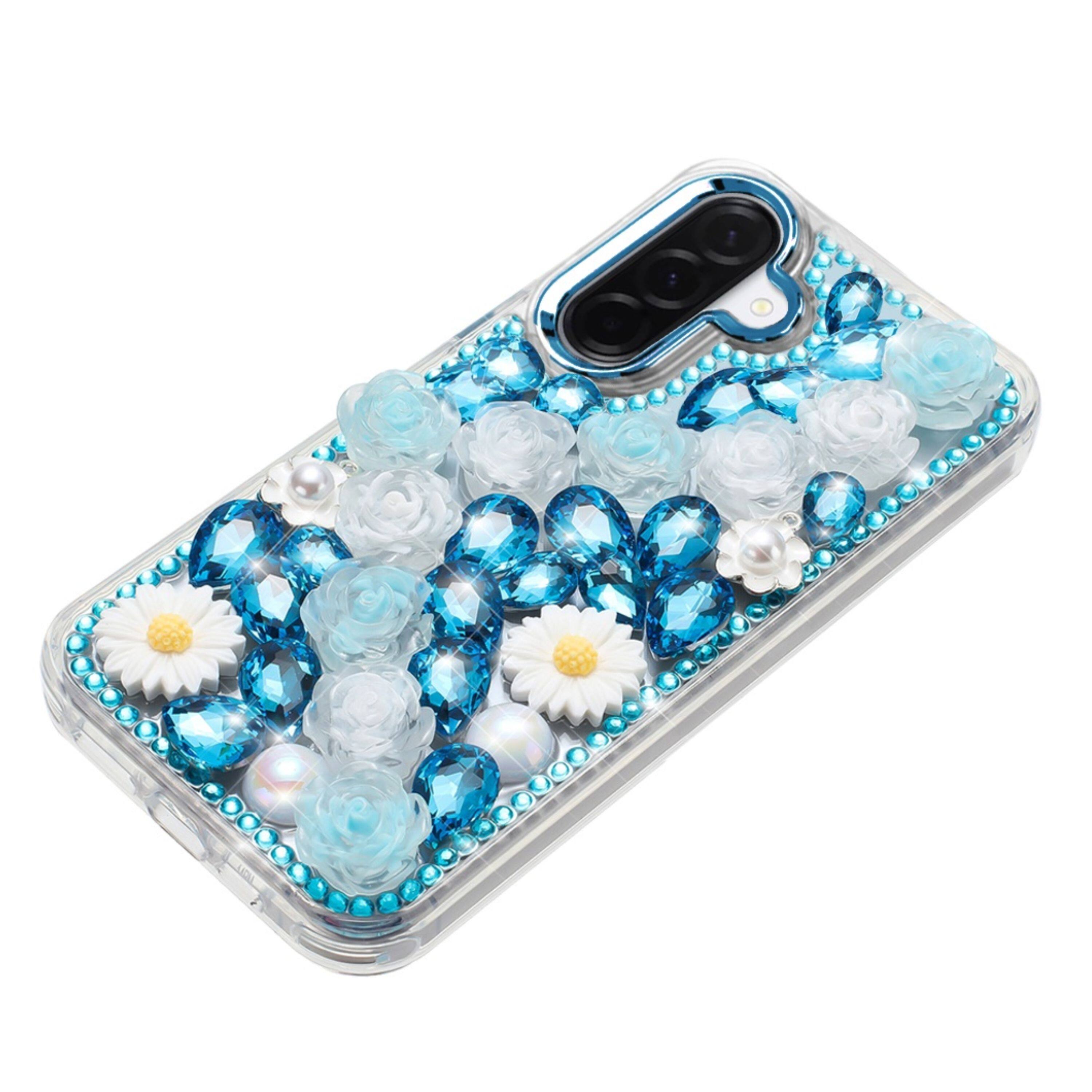 Angle. Kitcheniva - Full 3D Bling Rhinestone Jewel Design Phone Case With Tempered Glass For Samsung Galaxy A17 5G Blue - Blue.