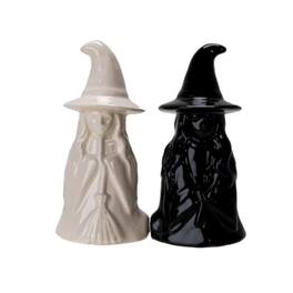 Pacific Trading - Mystical White and Black Ceramic Magnetic Witch Salt and Pepper Shaker Set - Multicolor