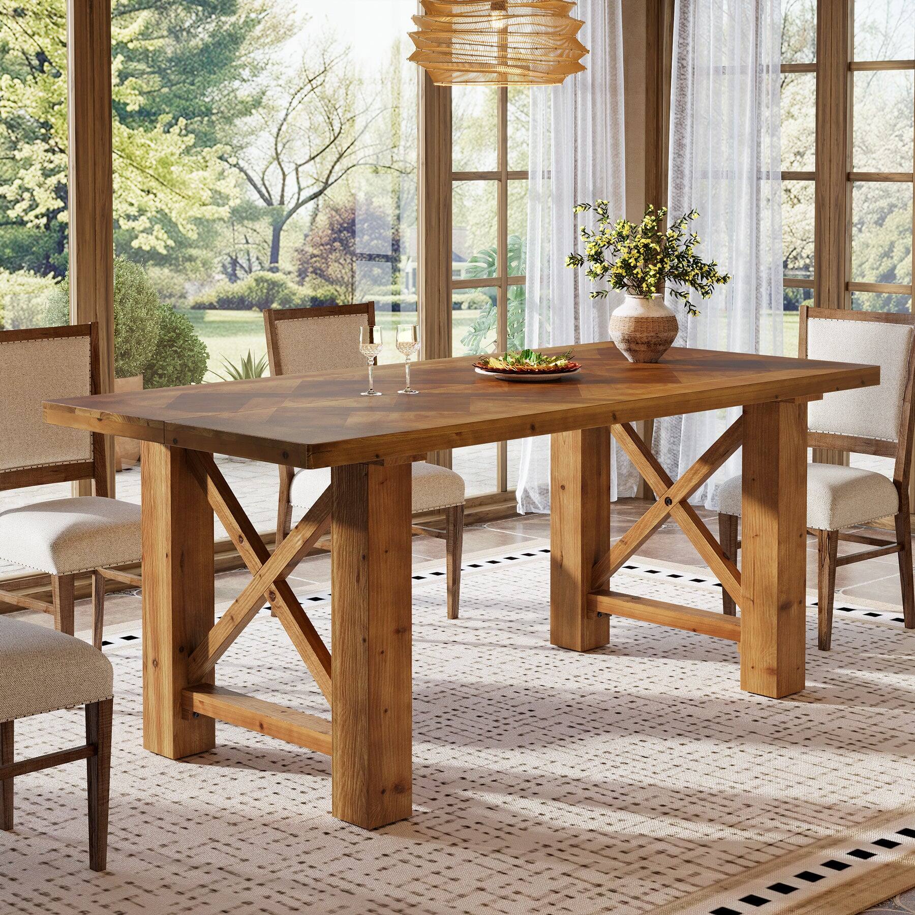 Front. Tribesigns - Solid Wood Dining Table with Space-Saving Design and Rectangular Top for Dining Room and Kitchen - Brown.