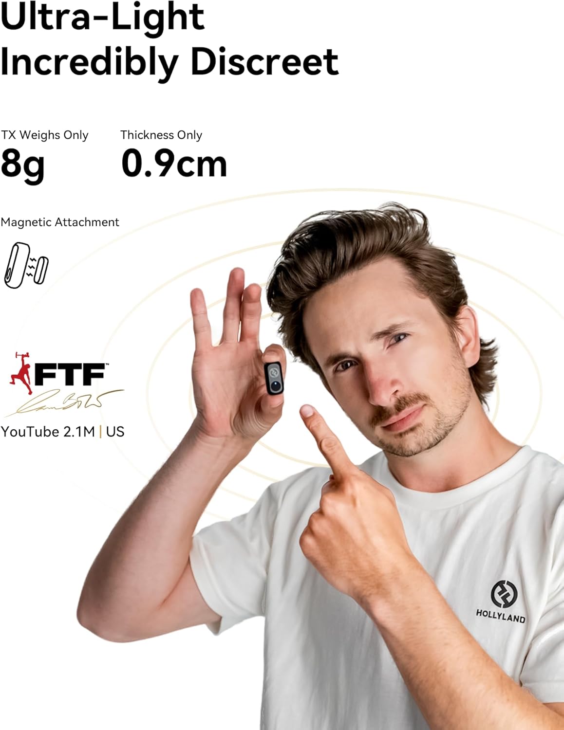 Ultra-Light  
Incredibly Discreet  

TX Weighs Only 8g  
Thickness Only 0.9cm  

Magnetic Attachment  

FTF  
YouTube 2.1M | US  

HOLLYLAND
