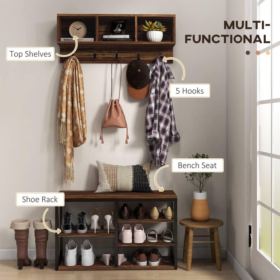 Homcom 2 in 1 Coat Rack & Bench Set w/ 5 Hooks & 10 Pair Storage Brown ...