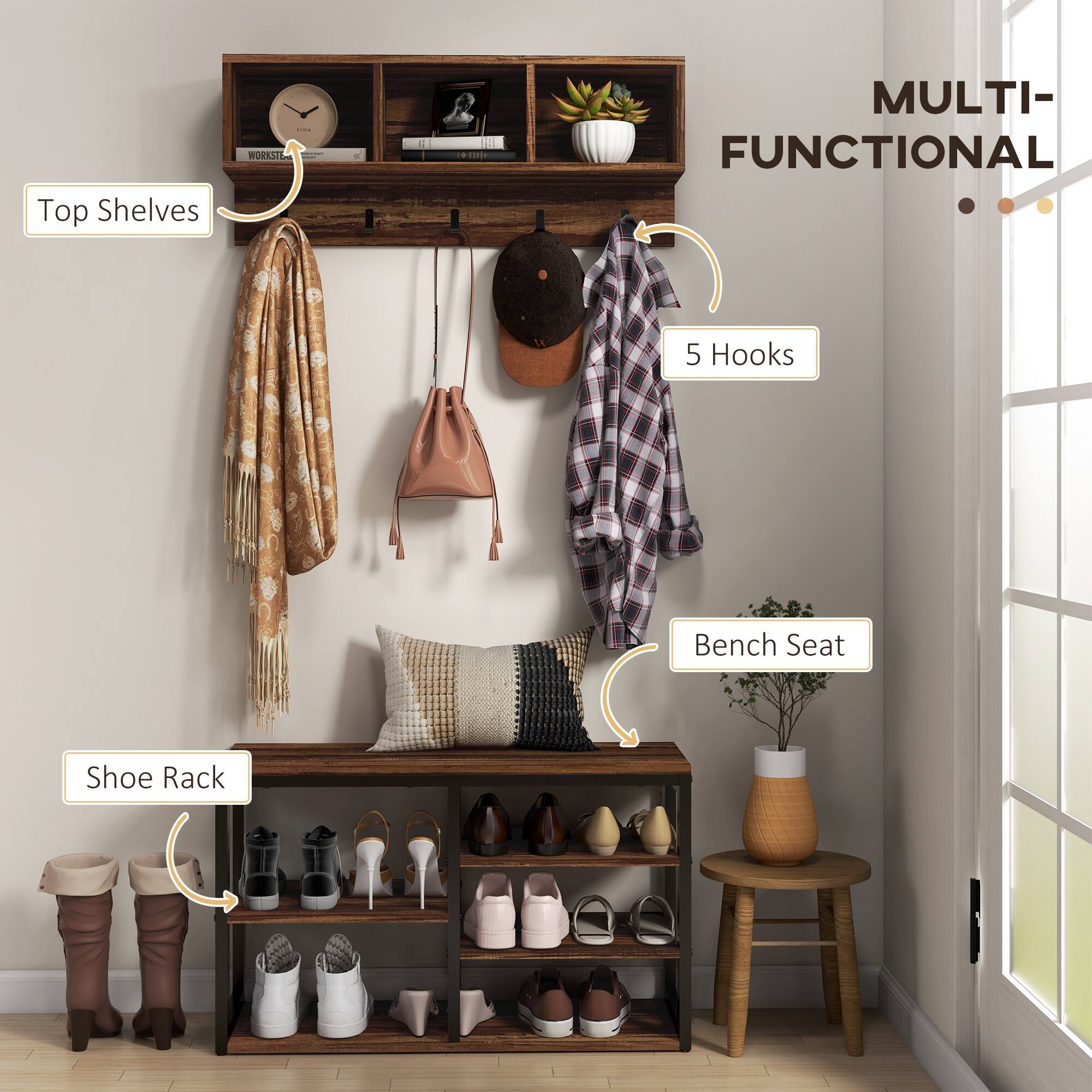 Top Shelves, 5 Hooks, Shoe Rack, Bench Seat