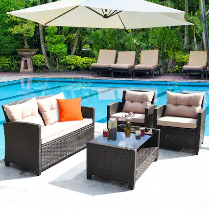 Front. Gymax - Gymax 4pcs Outdoor Rattan Furniture Set Cushioned Sofa w/Armrest Home - as pic.