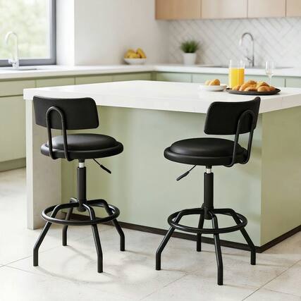 Front. Kadyn - Set of 2 360° Swivel Counter-Height Barstools with Padded Seat and Backrest, Black - Black.