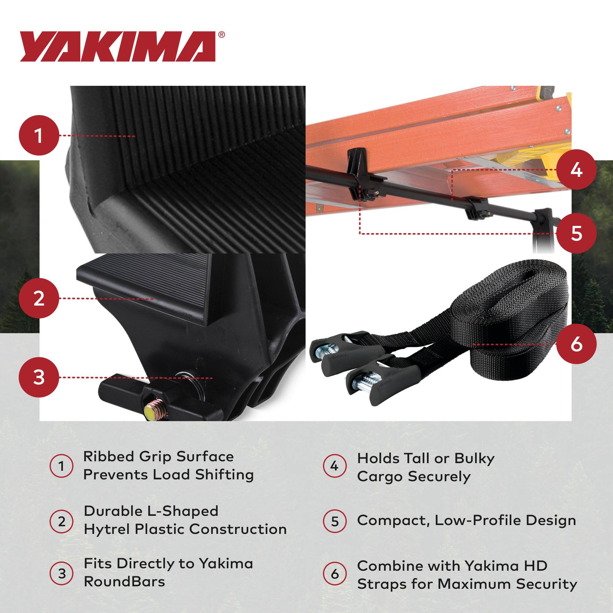 1. Ribbed Grip Surface Prevents Load Shifting  
2. Durable L-Shaped Hytrel Plastic Construction  
3. Fits Directly to Yakima RoundBars  
4. Holds Tall or Bulky Cargo Securely  
5. Compact, Low-Profile Design  
6. Combine with Yakima HD Straps for Maximum Security