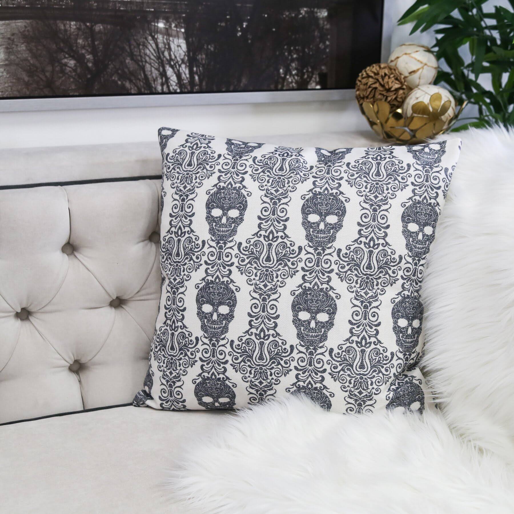 Alt View 2. TinyHomie - Gothic Damask Skull Throw Pillow Black White Cotton Linen - Gray.