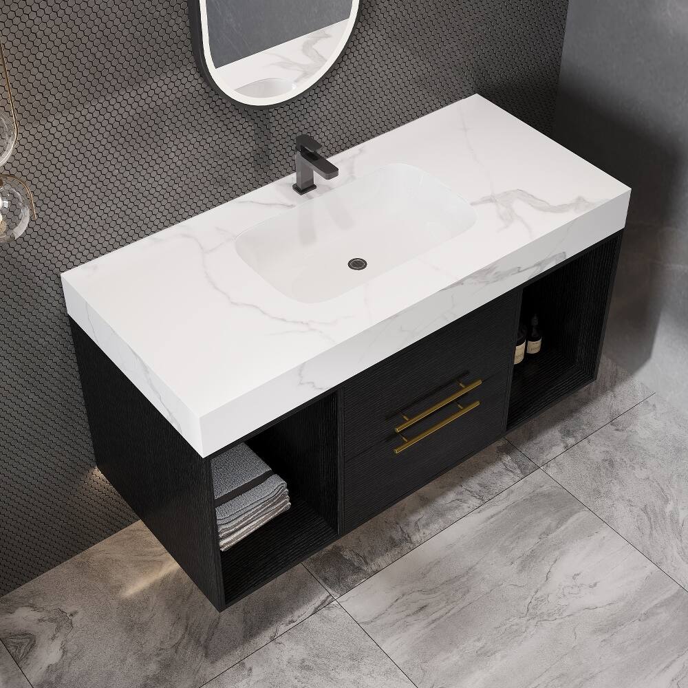 Alt View 1. Loheer - Loheer 39.4 inch floating bathroom vanity Wall Mounted Cabinet with Ceramic Sink Sintered Stone Top - White/Black.