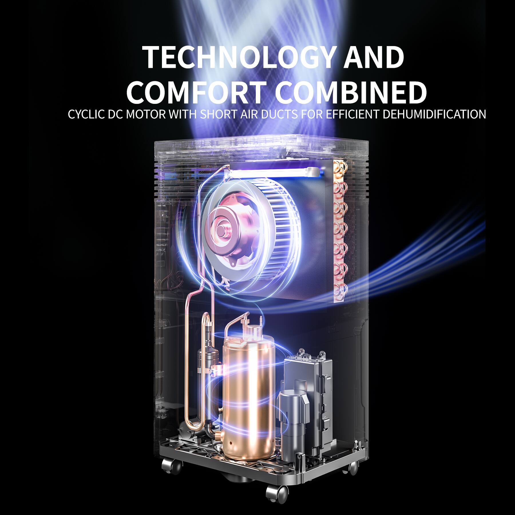 TECHNOLOGY AND COMFORT COMBINED  
CYCLIC DC MOTOR WITH SHORT AIR DUCTS FOR EFFICIENT DEHUMIDIFICATION