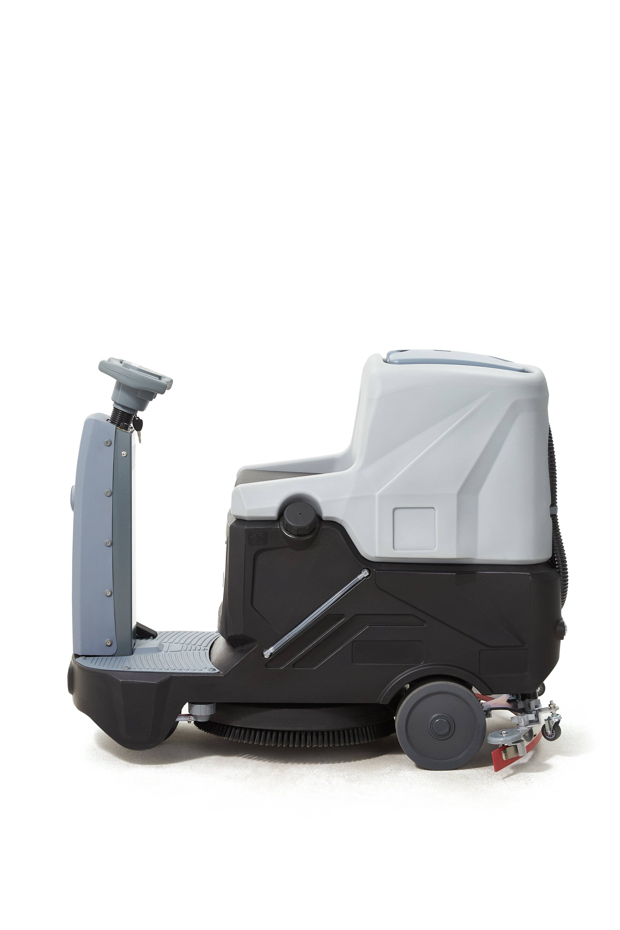 Left. Dapper Supply - Battery Powered Ride On Floor Scrubber 22 Brush 31.5 Squeegee 200 RPM 48K Sqft Hr Batteries Included - Grey.