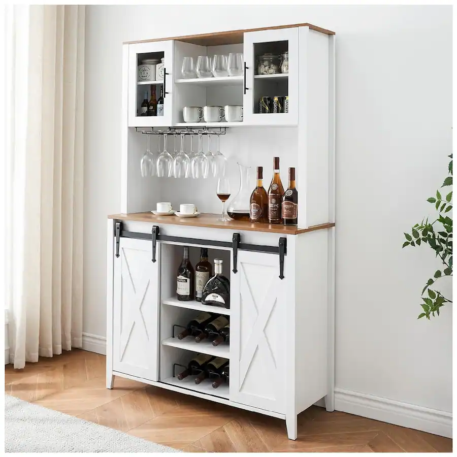 GARVEE Farmhouse Wine and Coffee Bar Cabinet with Hutch, Tall Kitchen ...