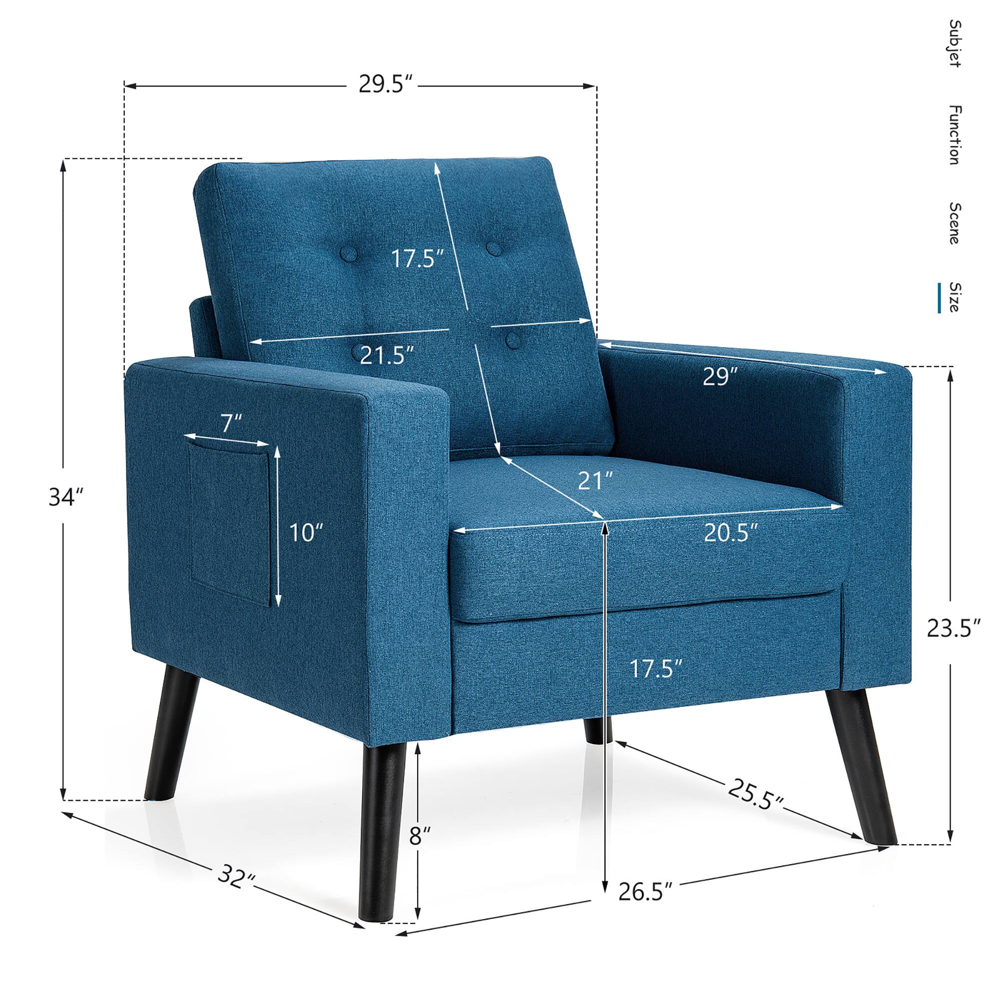 The text on the image is describing the dimensions of a blue chair. The chair is 29.5 inches tall, 21.5 inches wide, and 20.5 inches deep. The seat is 17.5 inches high, and the armrests are 7 inches high. The chair is designed to be 34 inches wide, and the backrest is 10 inches high. The chair is made of a blue fabric material, and it is 26.5 inches wide and 25.5 inches deep.