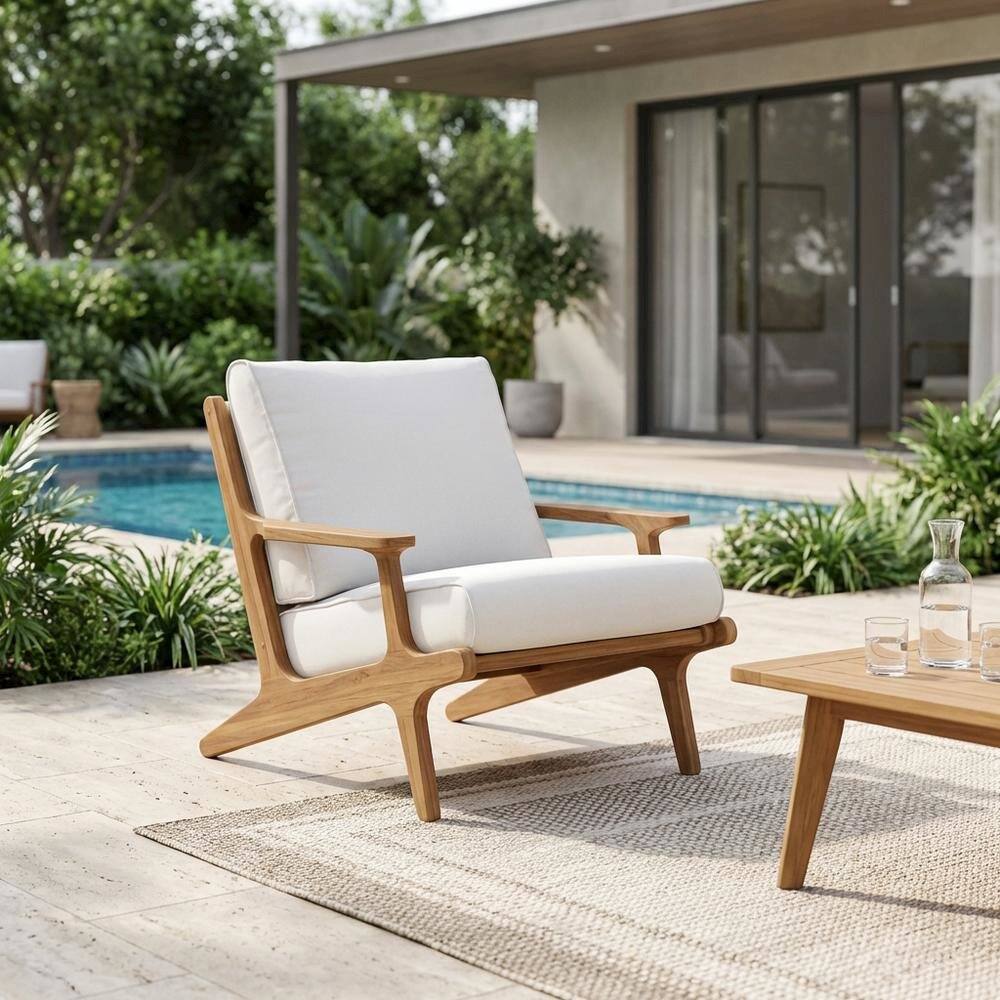 Left. Outdoor Escape - Teak Wood Outdoor Armchair For Patio, Rustic Style, Comfortable Seating - Gray.