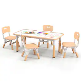 Gymax - Kids Height Adjustable Table and 4 Chairs Set with Graffiti Desktop - Natural