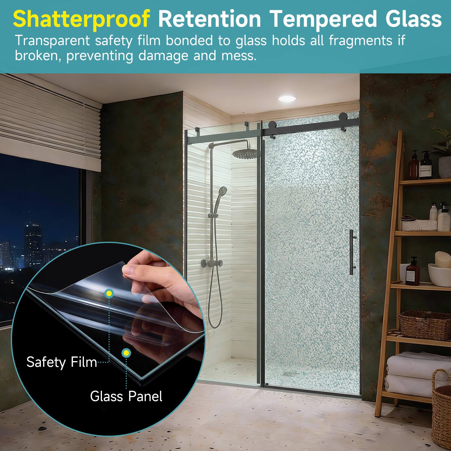 Shatterproof Retention Tempered Glass  
Transparent safety film bonded to glass holds all fragments if broken, preventing damage and mess.  

Safety Film  
Glass Panel