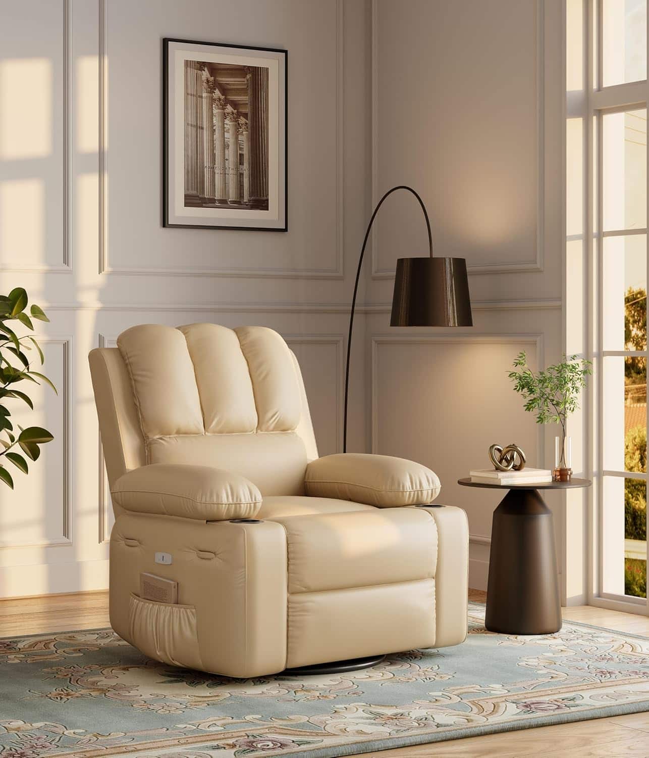 Acekool - 27" Electric Recliner with Massage, Heat, Swivel Rocker, PU Leather, Remote & Cup Holders - Beige