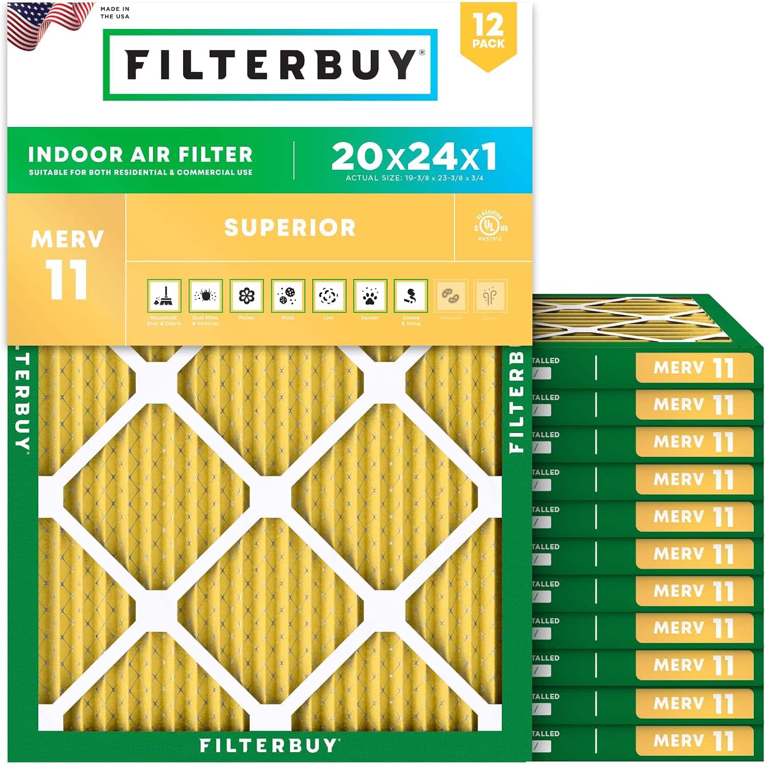 Filterbuy - 20x24x1 MERV 11 Pet & Allergy Defense, Electrostatic Pleated HVAC AC Furnace Air Filters Replacement (12-Pack) - Gold price history on PriceWatchPro