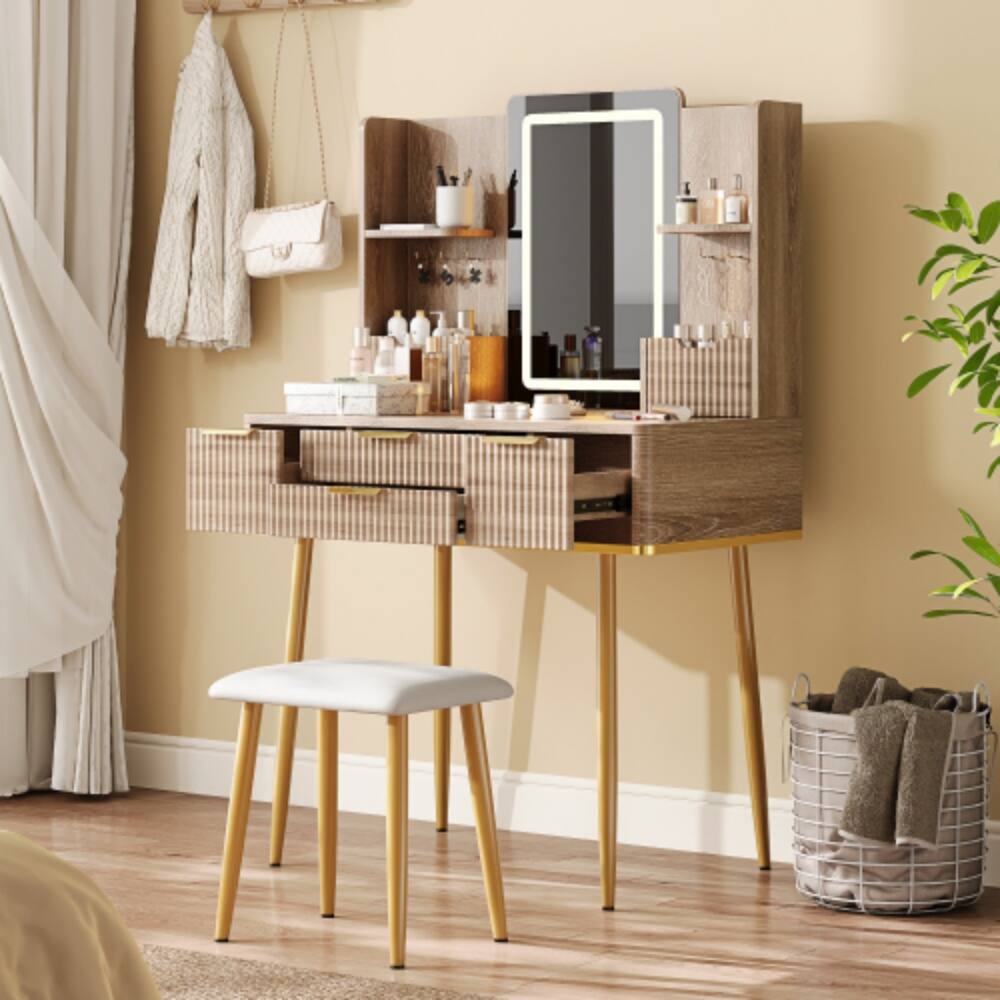 Alt View 5. LUCKY ONE - 4-Drawer Vanity Desk with LED Mirror, Fluted Design, Metal Legs and PU Stool for Bedroom - Yellow Brown.
