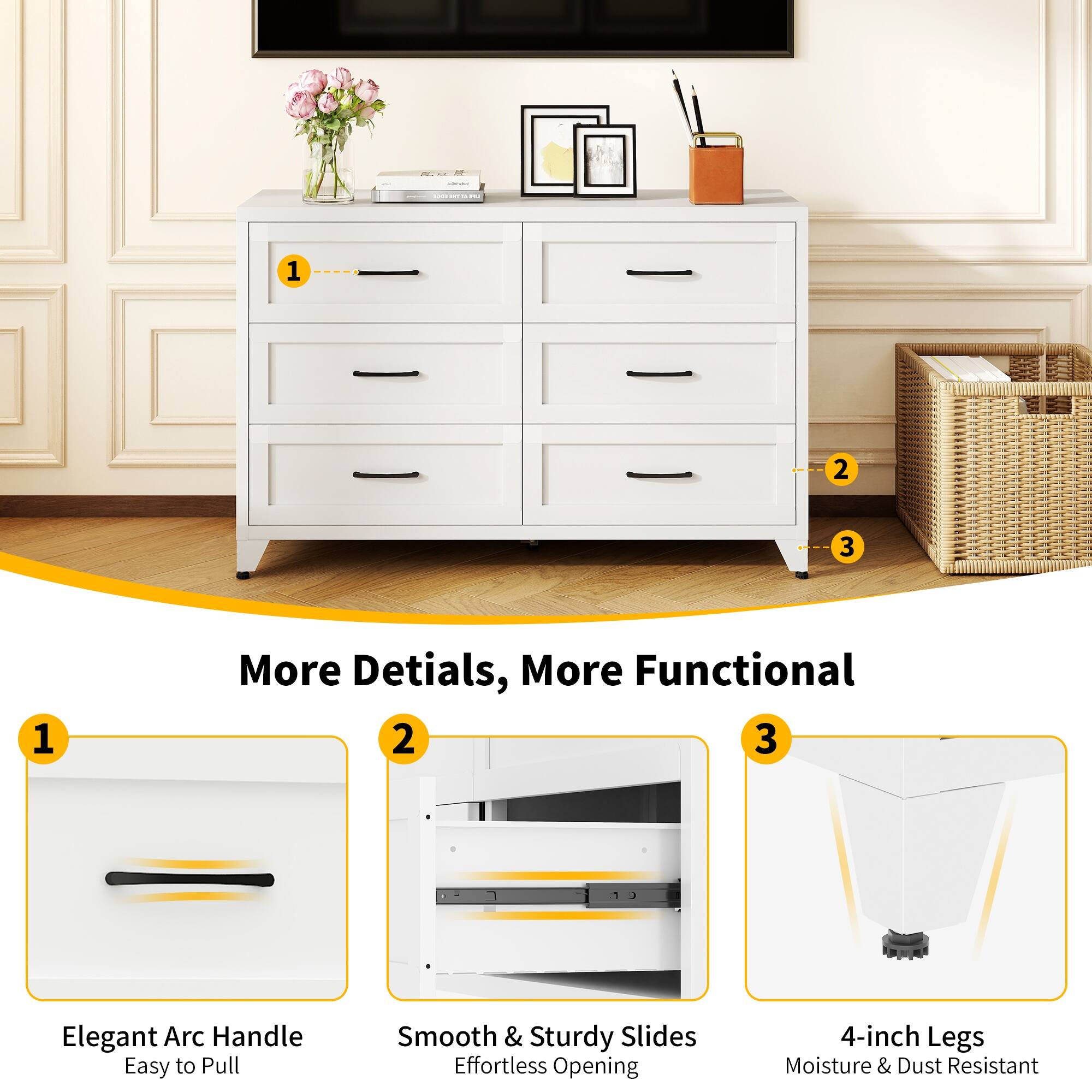 1. More Details, More Functional
2. Elegant Arc Handle Easy to Pull
3. Smooth & Sturdy Slides Effortless Opening
4. 4-inch Legs Moisture & Dust Resistant