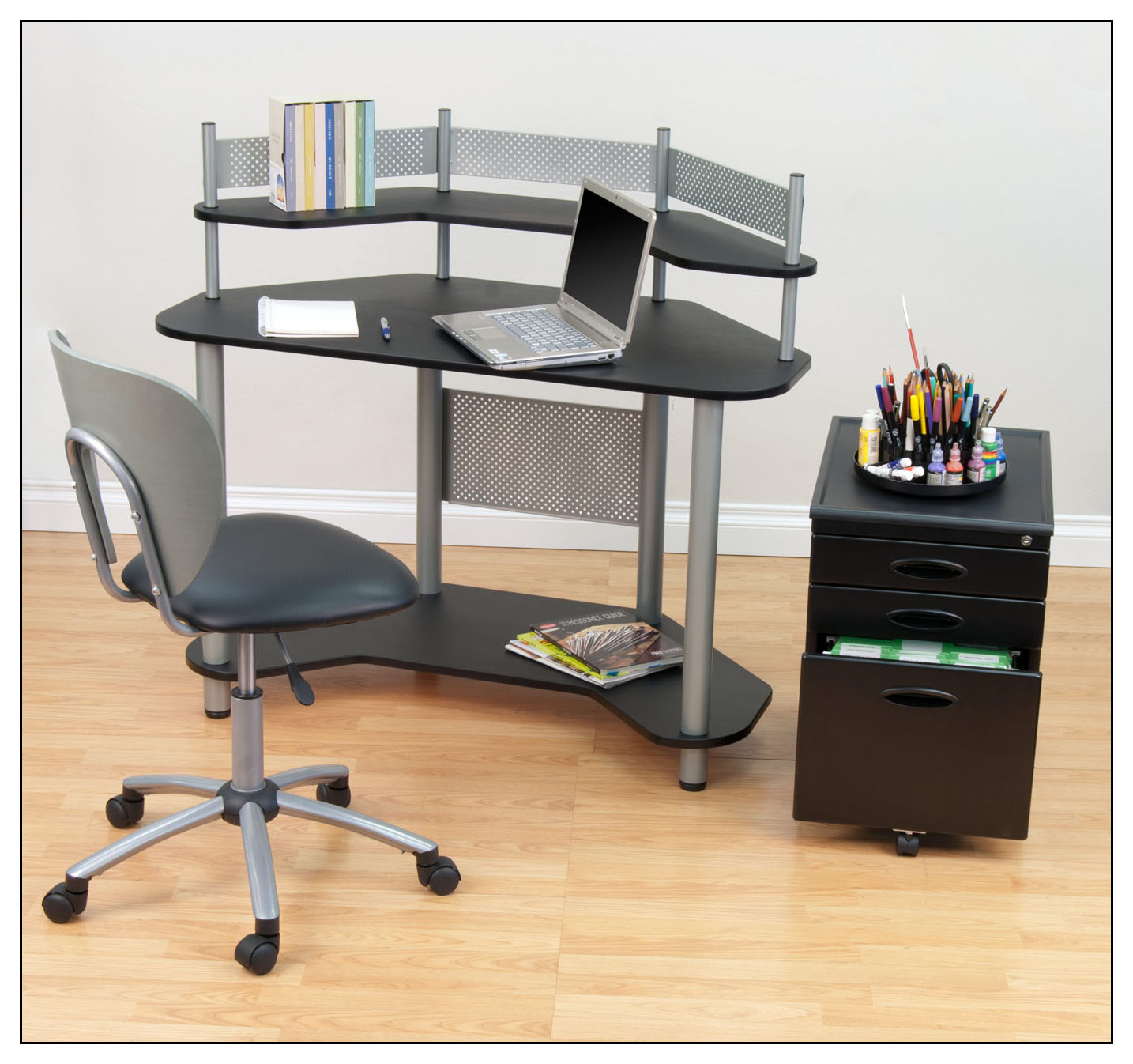 Calico Designs Study Corner Computer Desk Silver Black 55123