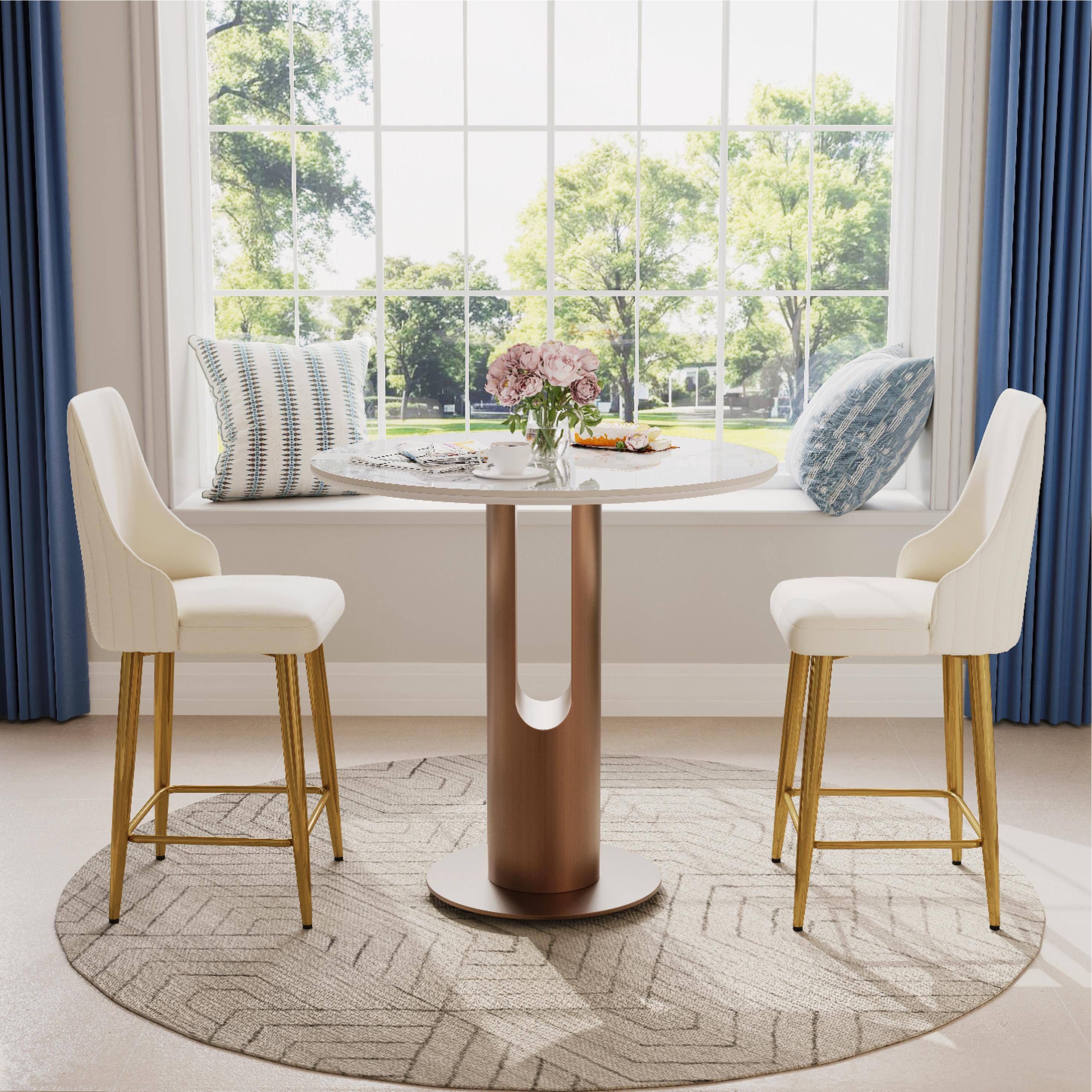 Left. POVISON - 24" Modern Upholstered Counter Height Bar Stools Set of 2, Counter Stools for Breakfast Nook, Beige & Golden - Beige & Gold PU Leather.