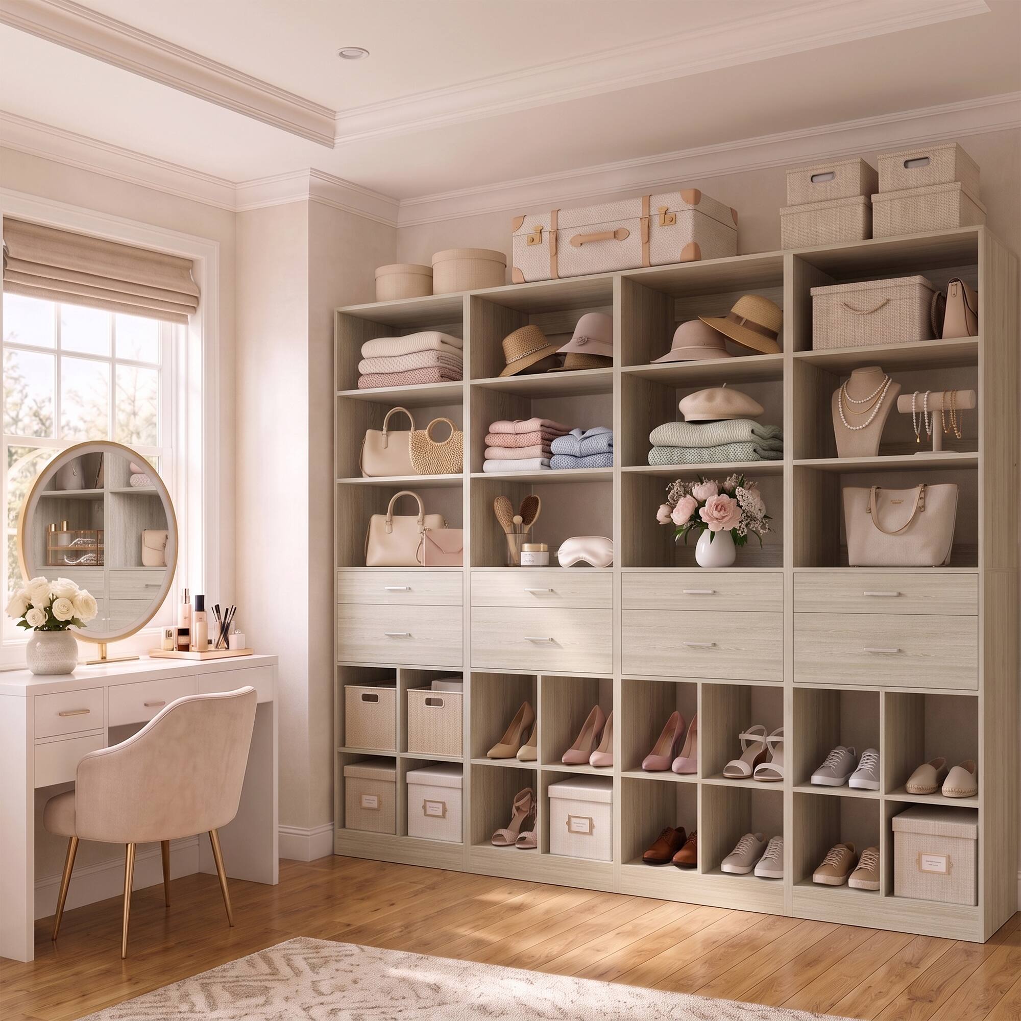 Left. Aheaplus - 22" 4-Piece Floor-Standing Closet System with Adjustable Shelves & Smooth-Glide Drawers,Ships in 4 packages - White Oak.