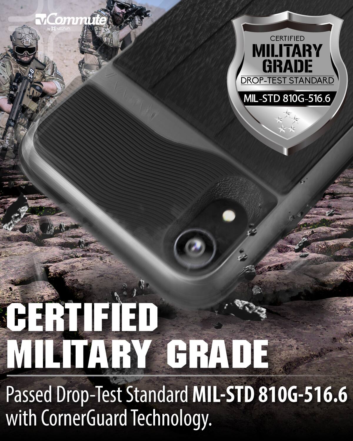 ac Commute VEA D-2 CERTIFIED MILITARY GRADE DROP-TEST STANDARD MIL-STD 810G-516.6 CERTIFIED MILITARY GRADE Passed Drop-Test Standard MIL-STD 810G-516.6 with CornerGuard Technology.