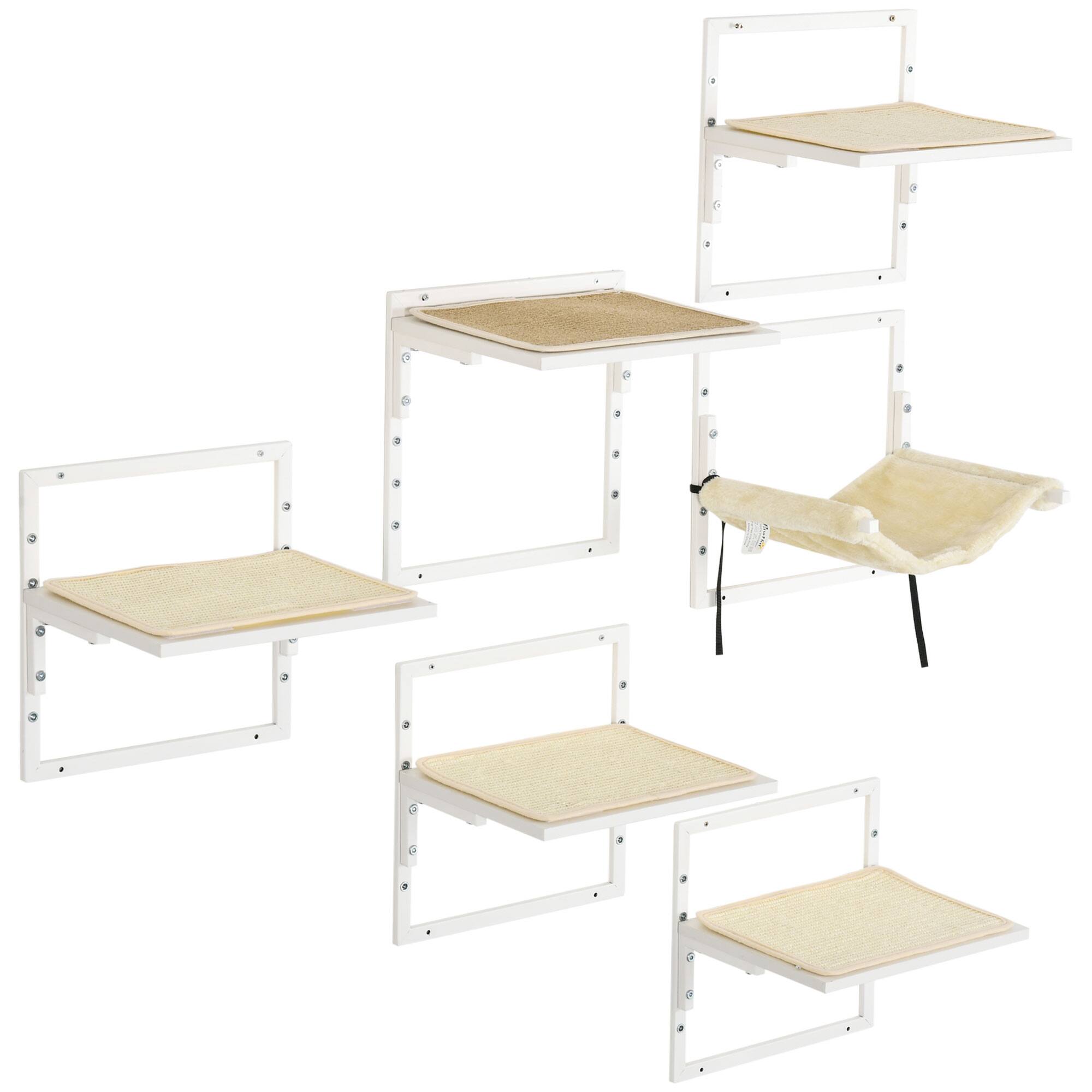 Alt View 5. Siljoy - 6-Piece Modern Cat Wall Shelves Set with Hammock, Cream Colored Height-Adjustable Jumping Platforms & Perches.