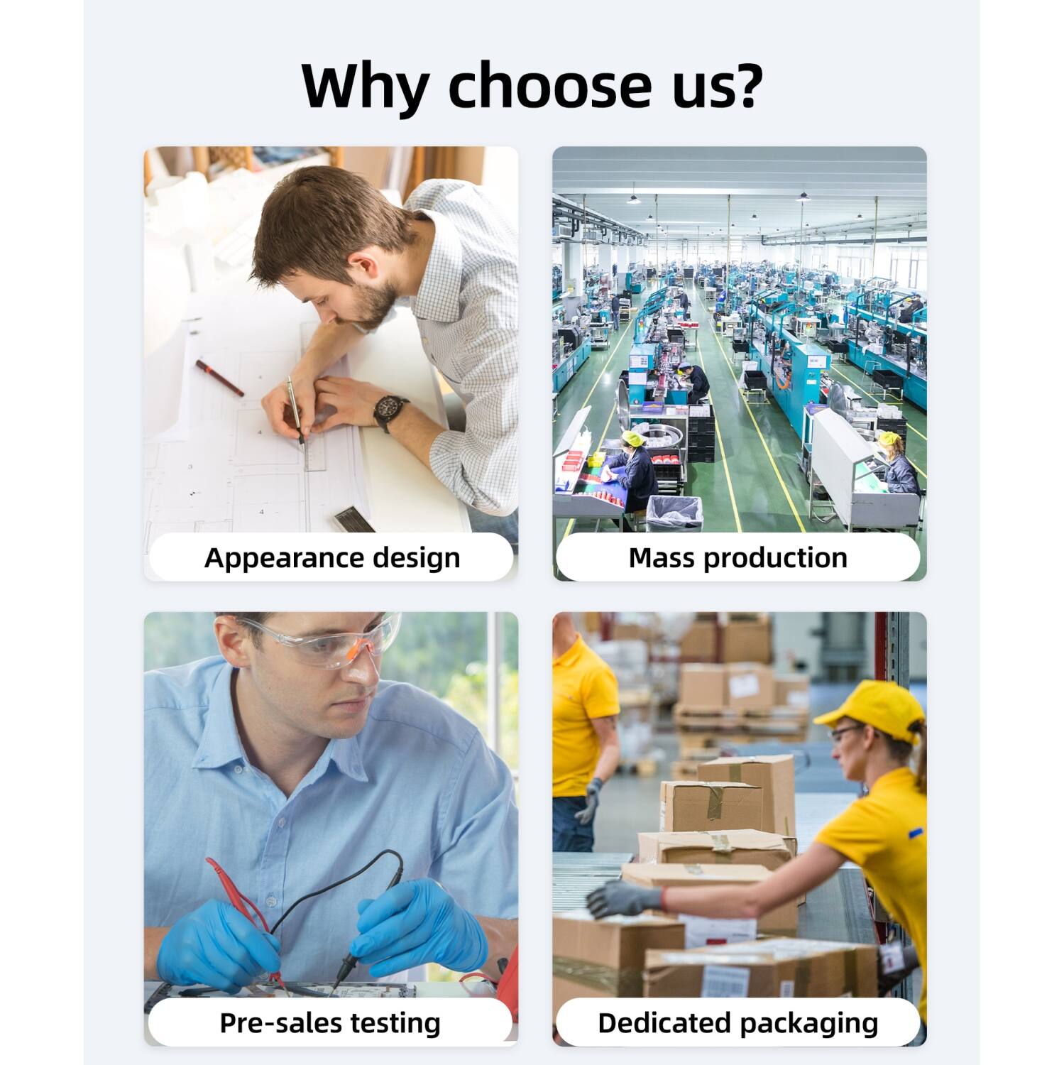 Why choose us?
- Appearance design
- Mass production
- Pre-sales testing
- Dedicated packaging