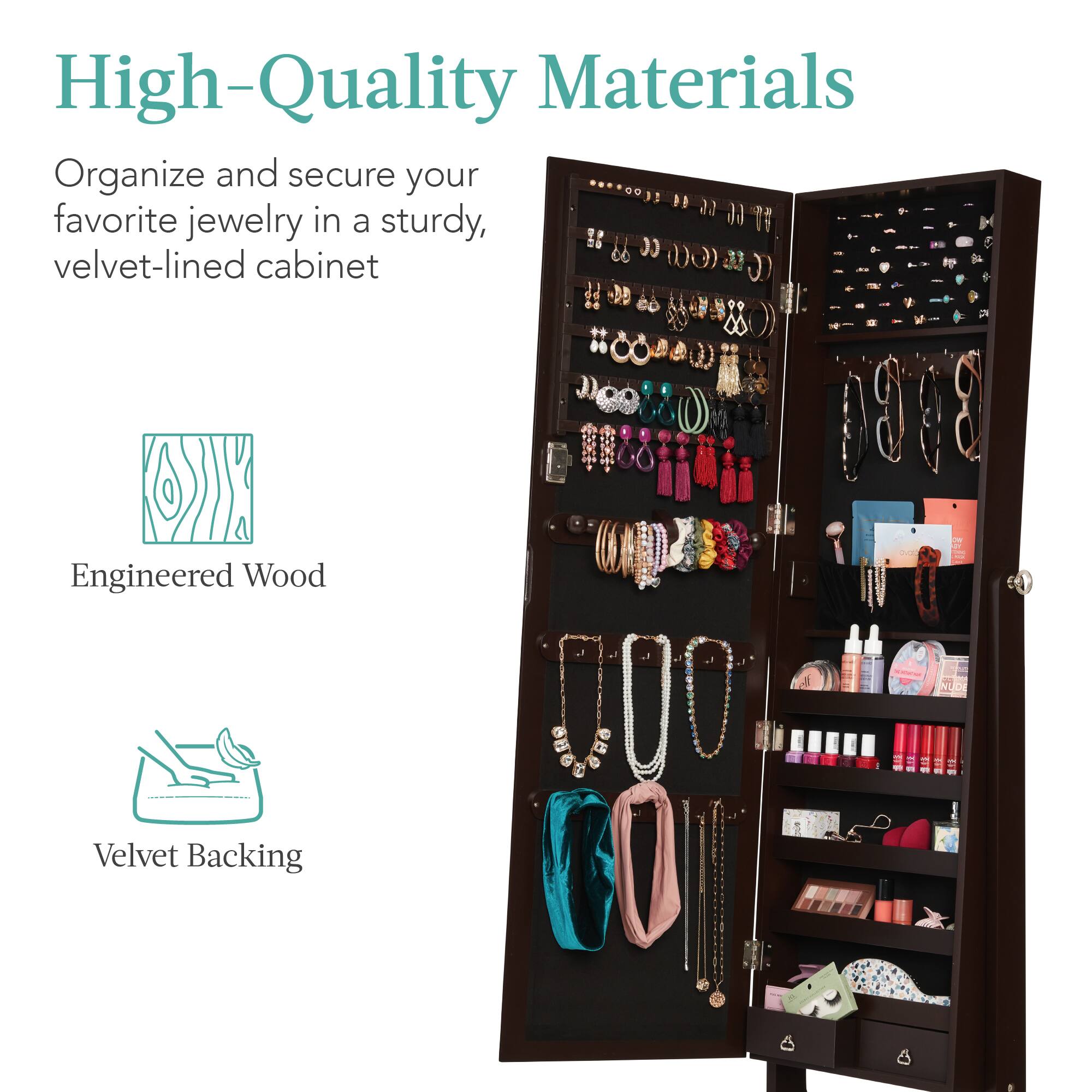 High-Quality Materials

Organize and secure your favorite jewelry in a sturdy, velvet-lined cabinet

Engineered Wood

Velvet Backing