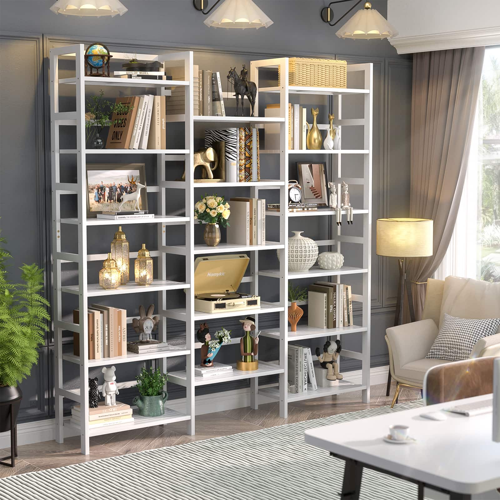 Aheaplus - Bamboo Triple Wide Bookshelf, 6-Tier Bookshelf with17 Open Shelves - White