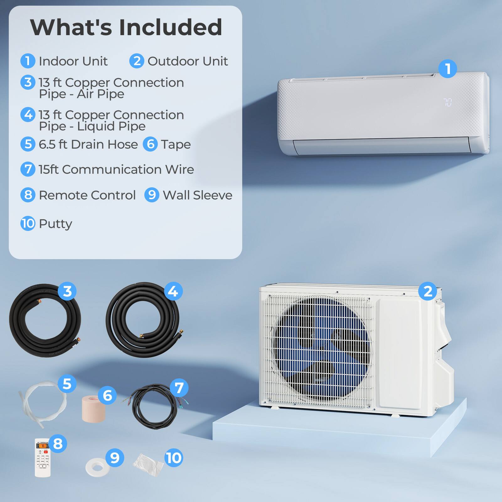What's Included

1. Indoor Unit
2. Outdoor Unit
3. 13 ft Copper Connection Pipe - Air Pipe
4. 13 ft Copper Connection Pipe - Liquid Pipe
5. 6.5 ft Drain Hose
6. Tape
7. 15ft Communication Wire
8. Remote Control
9. Wall Sleeve
10. Putty