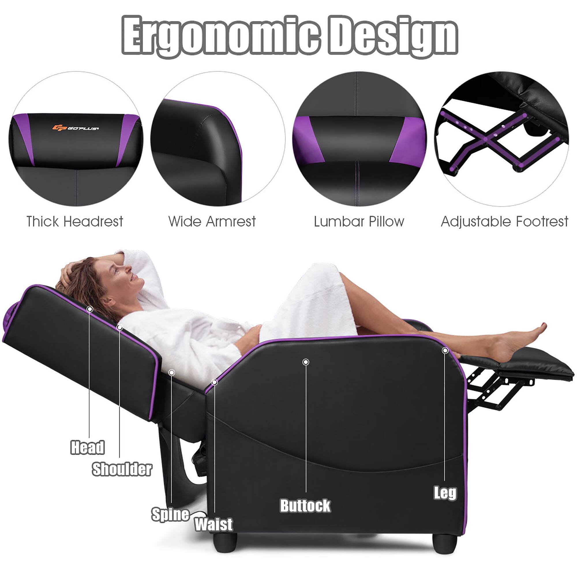 Ergonomic Design: Thick Headrest, Wide Armrest, Lumbar Pillow, Adjustable Footrest, Head, Shoulder, Spine, Waist, Buttock, Leg