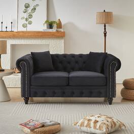 Ropilly - Black Velvet Chesterfield Sofa, Button Tufted 2 Seat Living Room Sofa with Pillows - Black