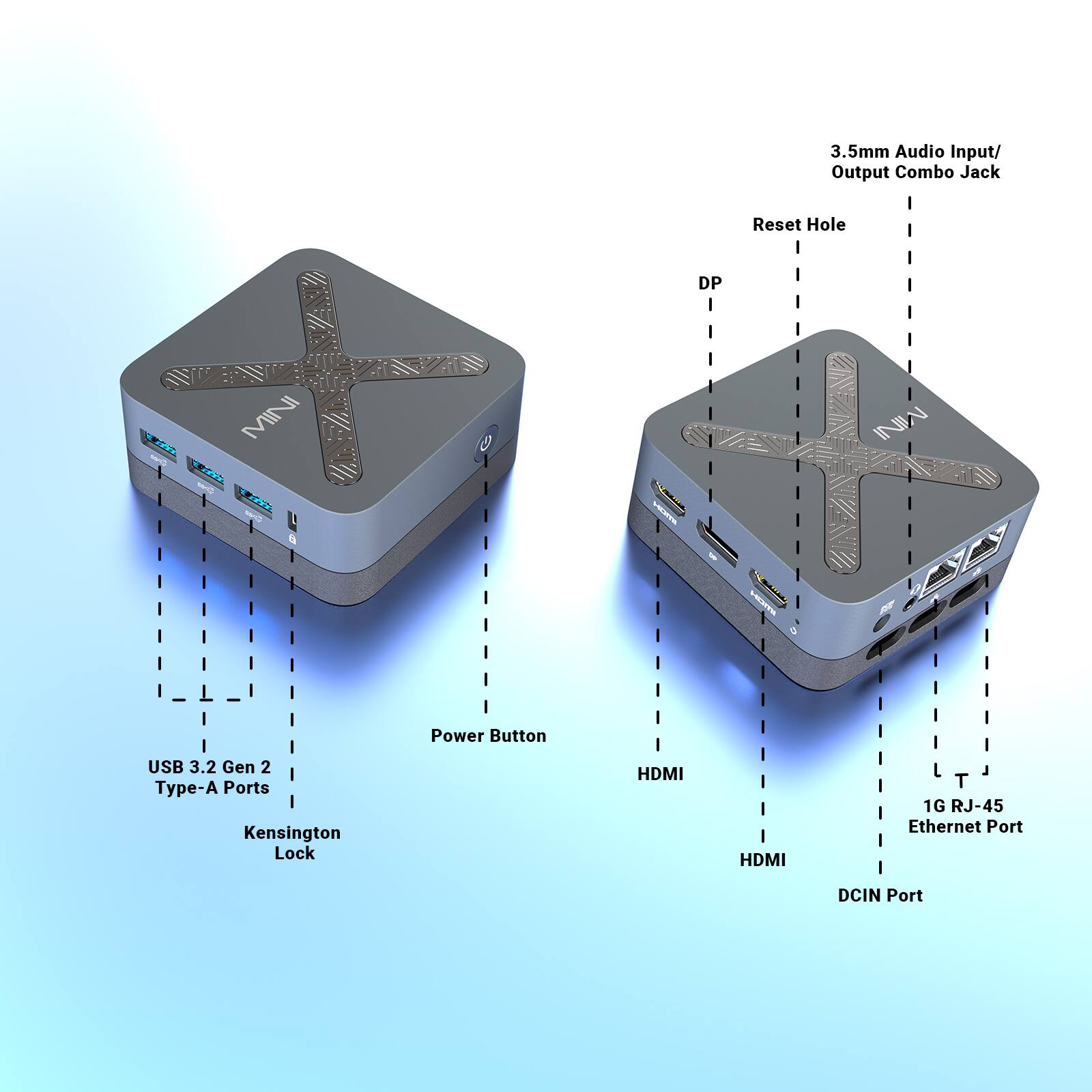3.5mm Audio Input/ Output Combo Jack, Reset Hole, DP, Power Button, USB 3.2 Gen 2 Type-A Ports, Kensington Lock, HDMI, HDMI, 1G RJ-45 Ethernet Port, DCIN Port