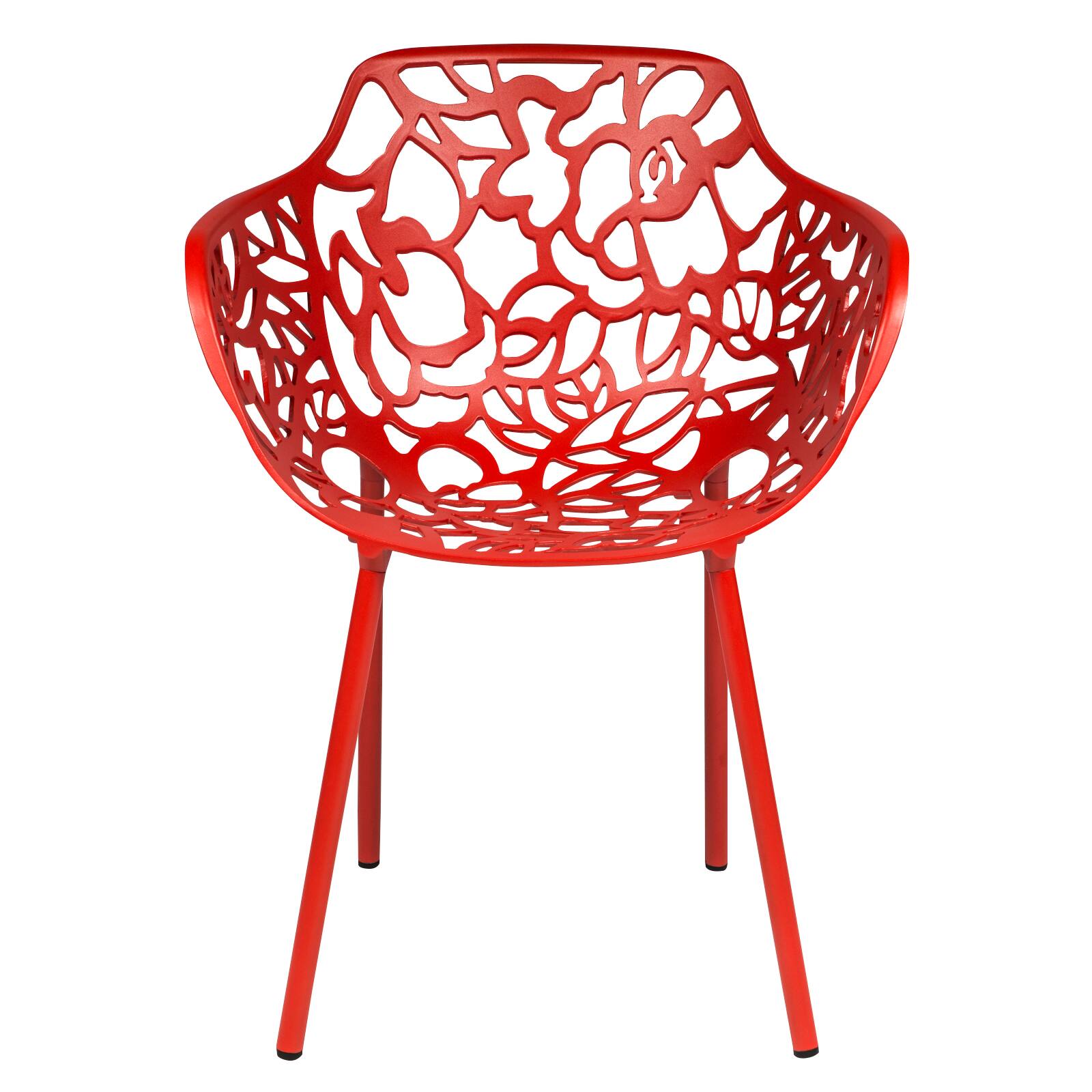 Left. LeisureMod - Devon (Set of 4) Aluminum Outdoor Dining Chair - UV & Rust Resistant Stackable Floral Accent Chair - Red.