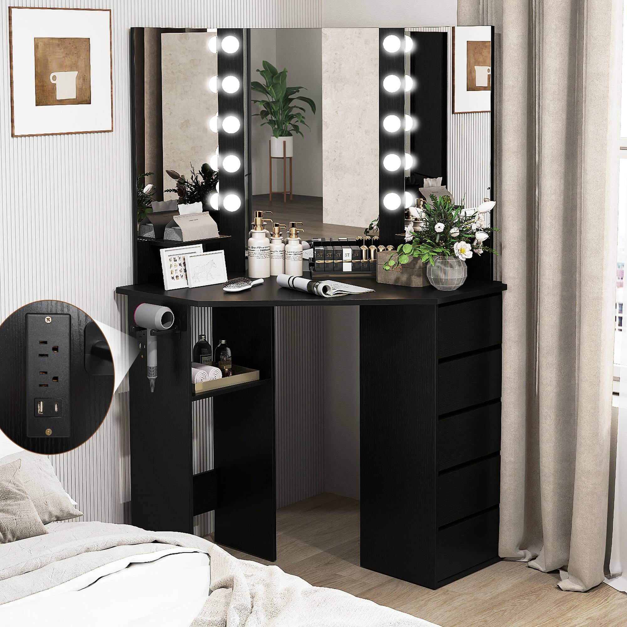 Alt View 1. Costway - Costway Corner Vanity Desk Cosmetic Vanity Station with LED Mirror,& Power Outlets Black - Black.