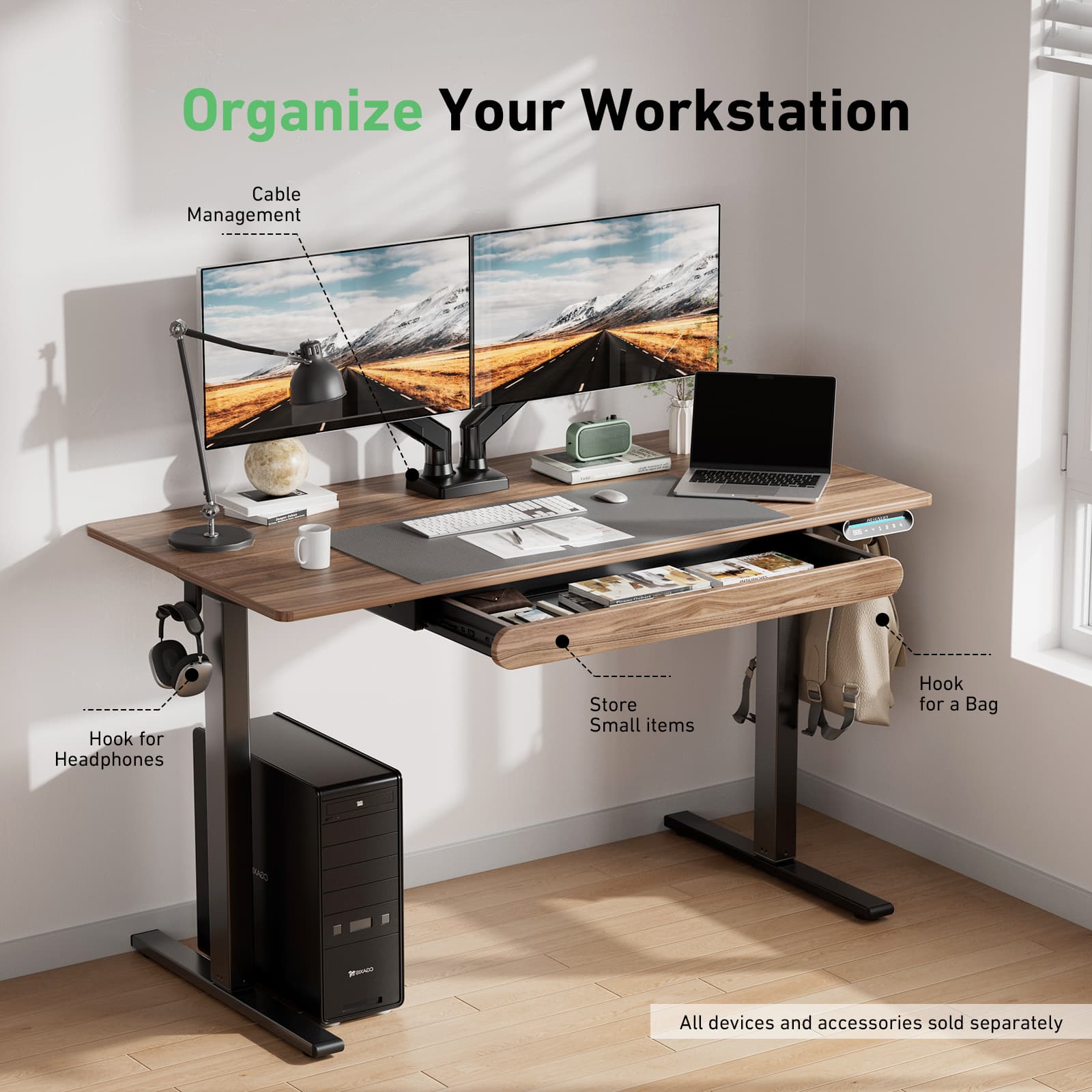 Organize Your Workstation: Cable Management, Hook for Headphones, Store Small Items, Hook for a Bag - All devices and accessories sold separately.