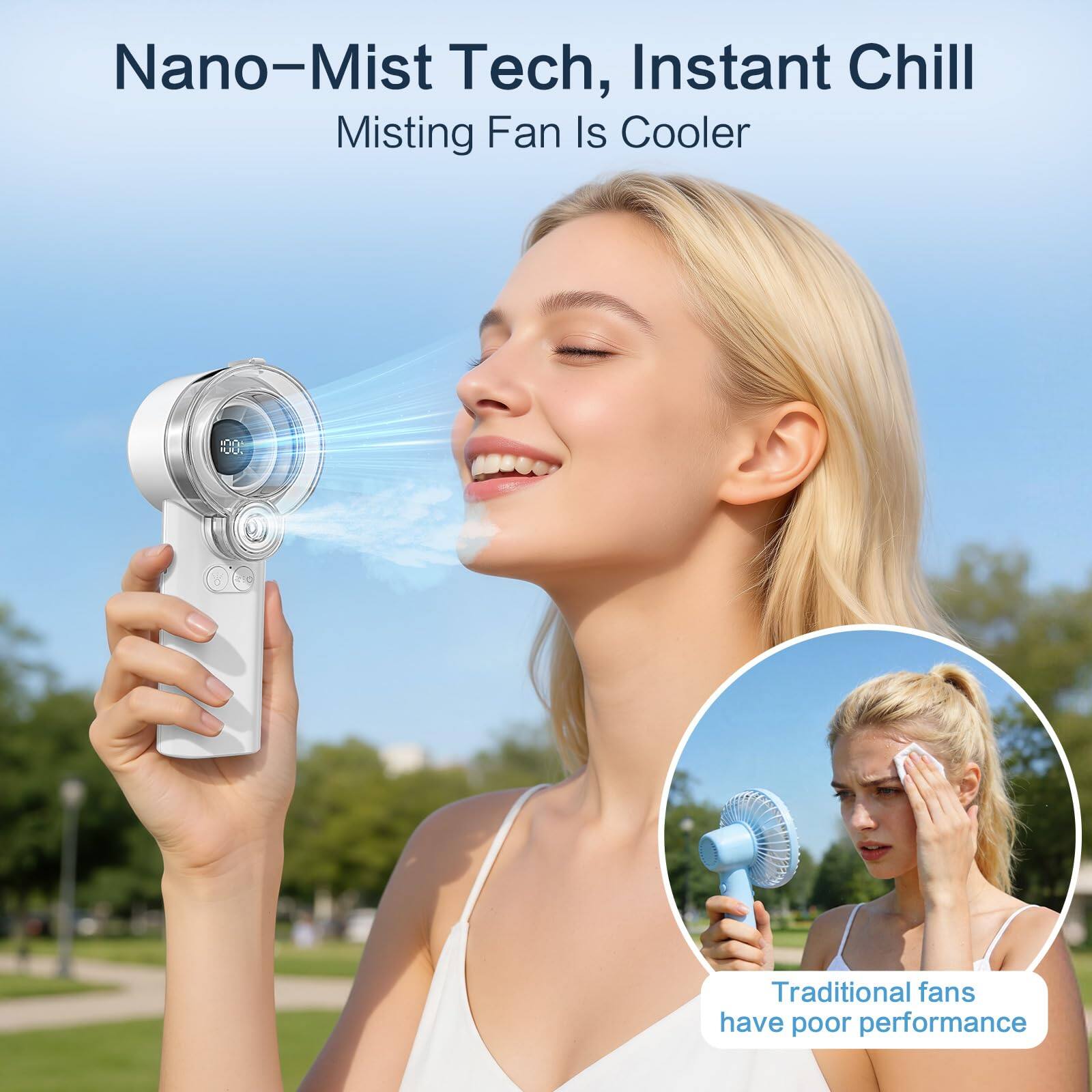 Nano-Mist Tech, Instant Chill  
Misting Fan Is Cooler  

Traditional fans have poor performance