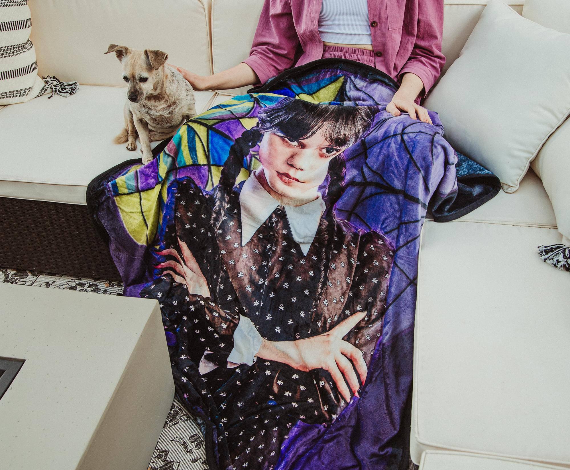 Alt View 2. Silver Buffalo - Addams Family Wednesday Signature Pose Raschel Throw Blanket | 45 x 60 Inches - Purple.