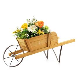 Pefilos - Wooden Wagon Planter with 9 Magnetic Accessories for Garden Yard-Walnut, Flower Pot Stand for Planter Corner Garden - Brown