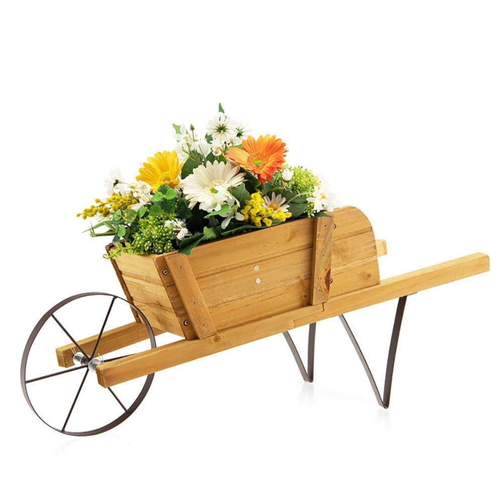 Front. Pefilos - Wooden Wagon Planter with 9 Magnetic Accessories for Garden Yard-Walnut, Flower Pot Stand for Planter Corner Garden - Brown.