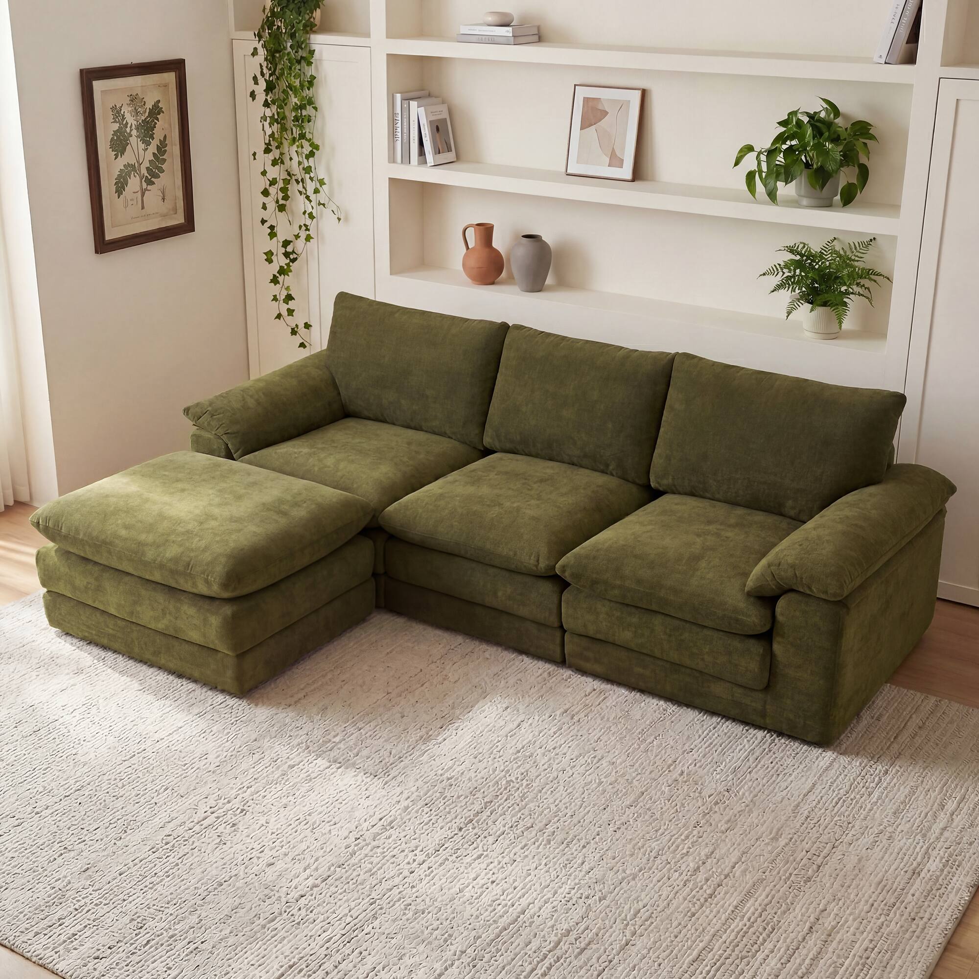 Left. Anysun - Modular Sectional Sofa – L-Shape Cloud Couch with 1 Movable Ottoman, Comfy Chenille Deep Seat - Green.