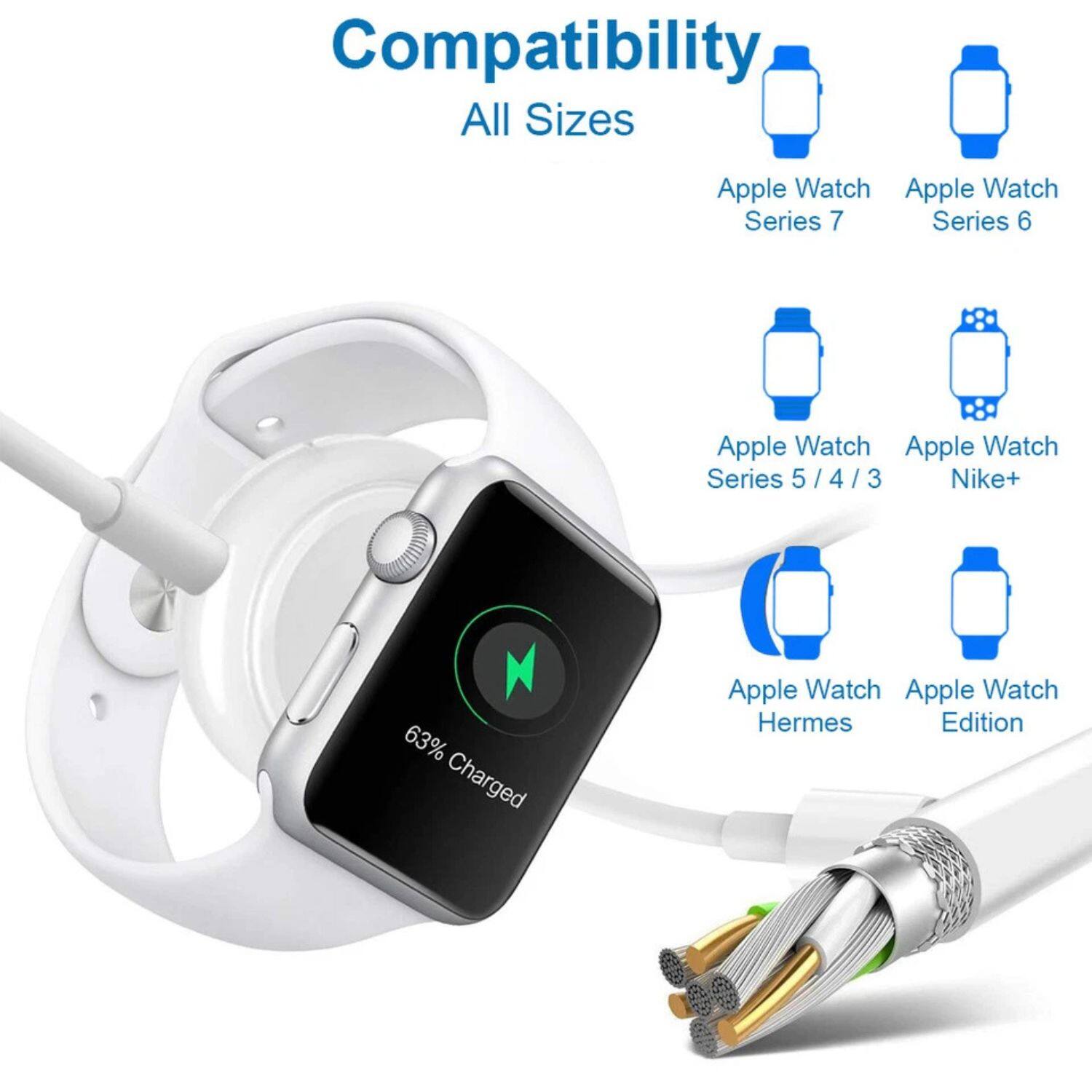 Compatibility  
All Sizes  

- Apple Watch Series 7  
- Apple Watch Series 6  
- Apple Watch Series 5 / 4 / 3  
- Apple Watch Nike+  
- Apple Watch Hermes Edition  
- Apple Watch Edition  

63% Charged