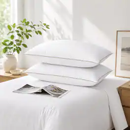 Peace Nest - Goose Feather Bed Pillows with Brown Piping Set of 2, Queen - White